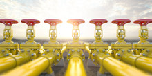 Yellow Gas Pipe Line Valves. Oil And Gas Extraction, Production  And Transportation Industrial Background.