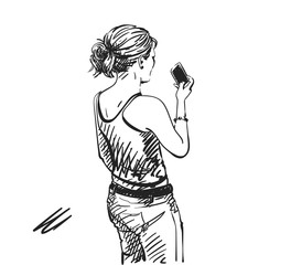 Wall Mural - Sketch of woman taking photo with smart phone, Back view, Hand drawn illustration