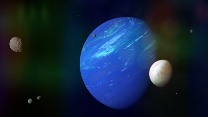 Wall Mural - planet Neptune with its moon Triton and some other moons