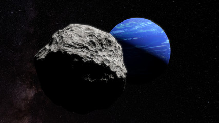 Wall Mural - planet Neptune with one of its moons (3d space illustration, elements of this image are furnished by NASA)