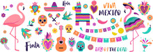 Mexican Symbols, Icons And Illustrations. Vector Collection Of Colorful Design For Cinco De Mayo, Fiesta And Day Of The Dead