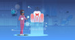 female doctor nurse wearing digital glasses looking virtual reality tooth human organ anatomy healthcare medical vr headset vision concept operation room interior full length horizontal