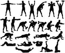 Big Set Of Vector Silhouettes Of Man Doing Fitness And Sport Workout Isolated On White Background. Icons Of Sportive Boy Practicing Exercises In Different Positions. Active And Healthy Life Concept.
