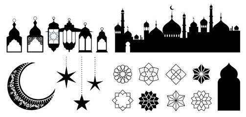 Islamic ornaments, symbols and icons. Vector illustration with moon, lanterns, patterns and city silhouette