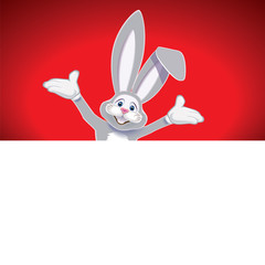 Wall Mural - Cute gray Easter Bunny with white blank signboard isolated on a red background,vector illustration for holiday greeting
