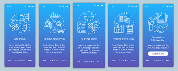 SMM metrics courses onboarding mobile app page screen vector tem