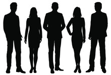 Vector Silhouettes Men And Women Standing, Business,  People, Group,  Black Color, Isolated On White Background