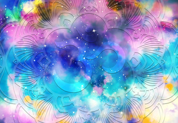 Wall Mural - Abstract mandala graphic design and diwali om hinduism symbol with watercolor digital painting for decorative elements backgrounds
