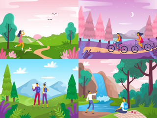 Tourism on nature. Mountaineering travelers, travel explore landscape and traveling sport rest flat vector illustration