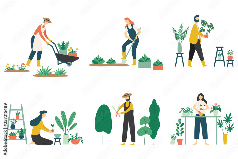People gardening. Woman planting gardens flowers, agriculture gardener hobby and garden job flat vector illustration set - obrazy, fototapety, plakaty 