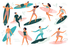 Surfing People. Surfer Standing On Surf Board, Surfers On Beach And Summer Wave Riders Surfboards Vector Illustration Set