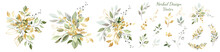 Arrangement Of Decorative Leaves And Gold Elements. Set: Leaves, Twigs, Herbs, Compositions Of Leaves, Gold Elements. Vector Design.