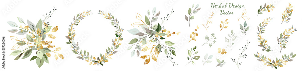 Set. Arrangement of decorative leaves and gold elements. Collection: leaves, twigs, herbs, leaf compositions, gold, wreath. Vector design. - obrazy, fototapety, plakaty 