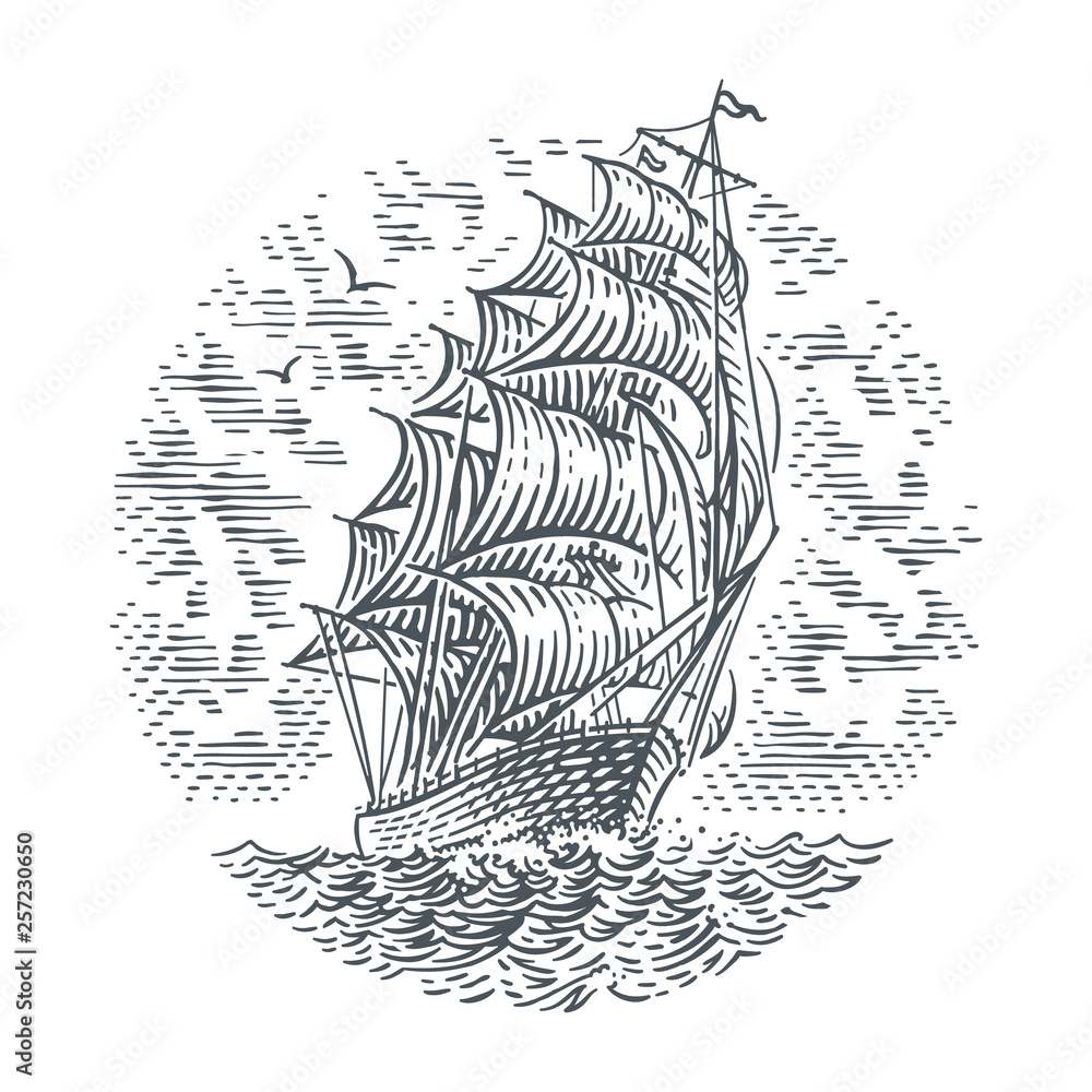 Engraving style line illustration of sailing ship. Vector. (Sky on separate layer). - obrazy, fototapety, plakaty 