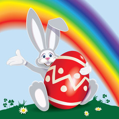 Wall Mural - Cute gray Easter Bunny with red colored egg decorated with ornaments in landscape and rainbow on background