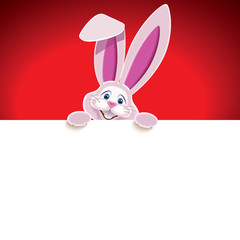 Wall Mural - Cute gray Easter Bunny with white blank signboard isolated on a red background,vector illustration for holiday greeting