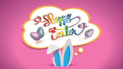 Wall Mural - Easter bunny in the hole with Happy Easter ribbon in rainbow colors,eggs and confetti in a thinking cloud isolated on a purple background