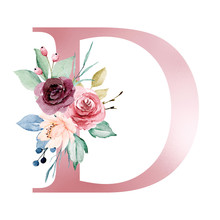 Floral Alphabet, Letter D With Watercolor Flowers And Leaf. Monogram Initials Perfectly For Wedding Invitations, Greeting Card, Logo, Poster And Other Design. Hand Painting. 