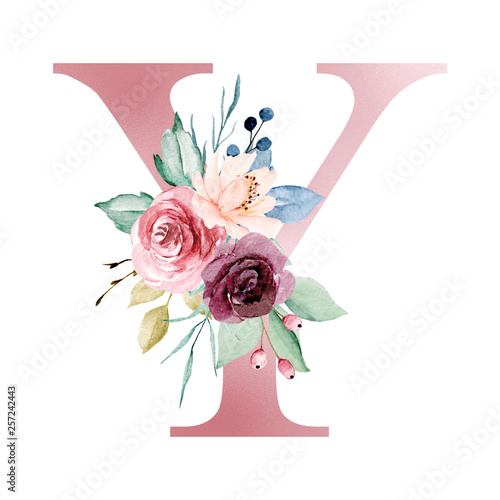 floral alphabet letter y with watercolor flowers and leaf