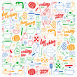 © Cepheia - Vector set of children's kitchen and cooking drawings icons in doodle style. Painted, colorful, pictures on a piece of linear paper on white background.