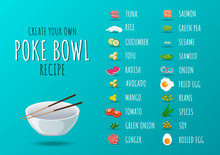 Set Of Poke Bowl Ingredients. Create Own Recipe Of Poke Bowl