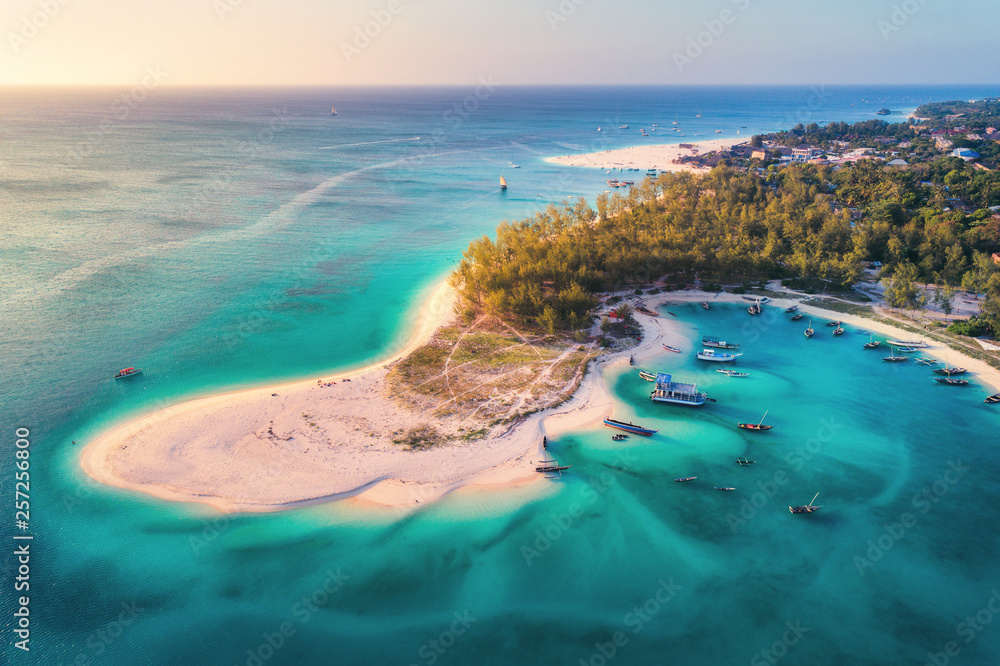 Aerial view of the fishing boats on tropical sea coast with sandy beach at sunset. Summer holiday on Indian Ocean, Zanzibar, Africa. Landscape with boat, green trees, transparent blue water. Top view - obrazy, fototapety, plakaty 