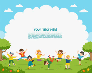 Children's activities. Happy children are jumping on the park.Template for advertising brochure.