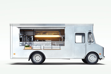 white realistic food truck isolated on white. 3d rendering.