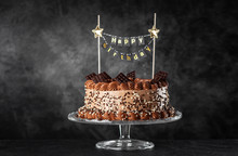 Decorated Chocolate Cake On Dark Background