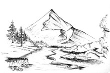 Art Picture Drawn Mountain Landscape With A River Sketch Black And White Sketch.