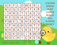 Educational Game For Children. Word Search Puzzle Kids Activity. Easter Theme Learning Vocabulary.