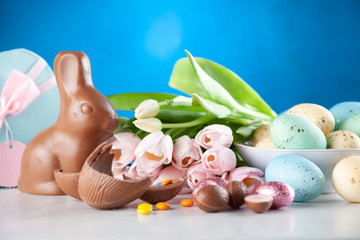 Wall Mural - Chocolate Easter bunny and eggs