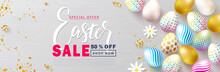 Happy Easter Sale Banner.Beautiful Background With Colorful Eggs, Chamomile And Golden Serpentine. Vector Illustration For Website , Posters,ads, Coupons, Promotional Material.