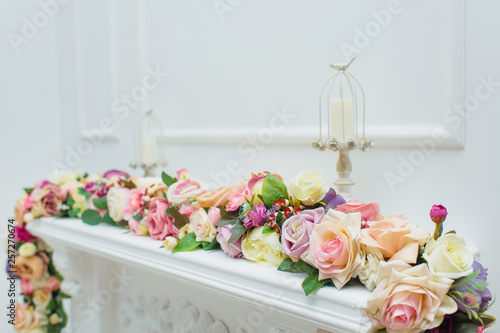 Fireplace Decorated With Flowers Decorative Stucco White