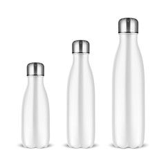 Wall Mural - Vector Realistic 3d White Empty Glossy Metal Reusable Water Bottle Set with Silver Bung Closeup on White Background. Different Size. Design Template of Packaging for Mock up, Advertising. Front View