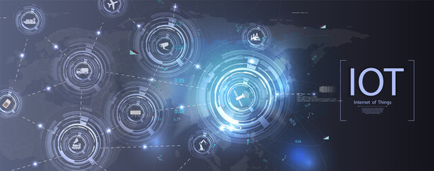 Leinwandbilder - Internet of things (IoT) and networking concept for connected devices. illustration with it for web sites design. Connection background. Flat web icons. Vector business, technology illustration. 