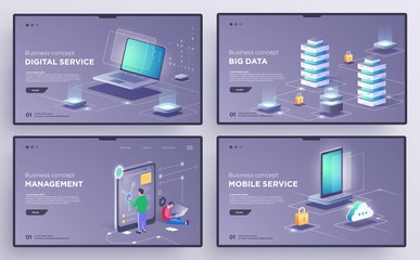 Wall Mural - slide, landing page or digital technology banners. technology business concept. isometric vector ill