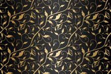 Seamless Vector Golden Texture Floral Pattern. Luxury Repeating Damask Black Background. Premium Wrapping Paper Or Silk Gold Cloth With Leaves And Flowers.