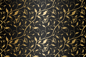 Wall Mural - Seamless vector golden texture floral pattern. Luxury repeating damask black background. Premium wrapping paper or silk gold cloth with leaves and flowers.