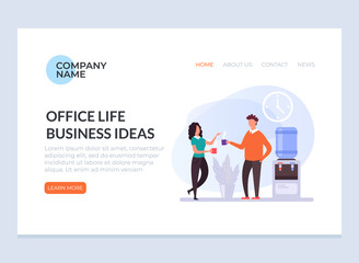 Two office workers people businessman characters drinking coffee and talking. Office life and business ideas graphic design banner poster web page concept illustration