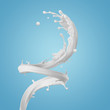3d render, milk spiral splashing, liquid wave, white splash, paint, loops, curvy jet, isolated on blue background