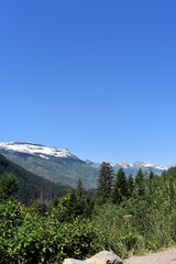 Vertical Snow Covered Mountain and Forest Covered Valley in Glacier National Park