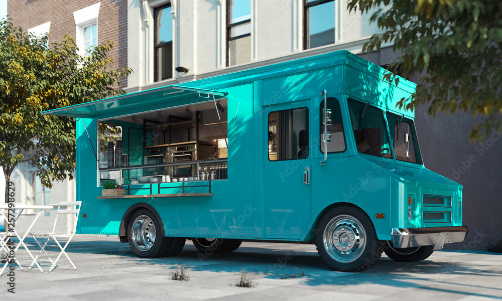 Aquamarine Food Truck With Detailed Interior On Street Foto