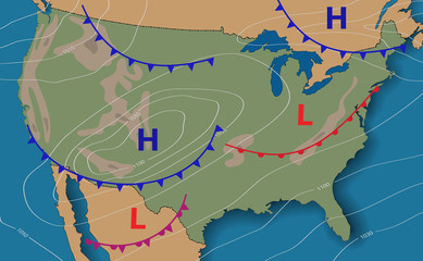 Wall Mural - weather forecast. meteorological weather map of the united state of america. realistic synoptic map 
