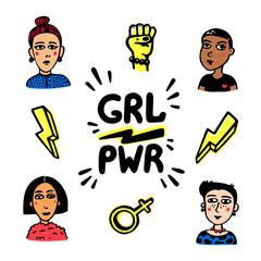 Wall Mural - Girl power movement. Doodle style Girl portraits and feminist slogan grl pwr on white background. Feminist movement, protest action. Vector illustration.