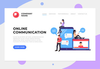 Group of people texting messages online by smartphone laptop internet social network and following each other. Technology communication web page concept. Vector flat cartoon isolated banner poster