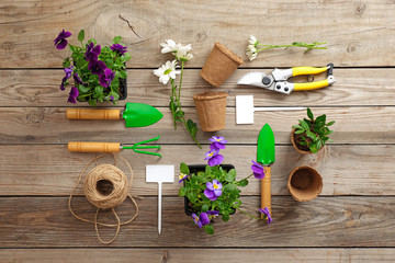 Gardening tools, shovel, secateurs, rake, nameplate, flowers, plants, rope, on vintage wooden table. Spring in the garden concept, top view, flat lay composition