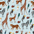 © Yumeee - Seamless pattern with wild animals such as zebra, parrot, toucan, monkey, giraffe and antilope.