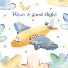 Watercolor card with cute airplane and clouds. Child illustration for baby shower, kindergarten, cards, invitations.