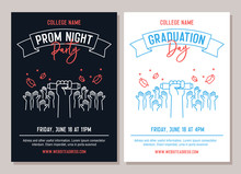 Set Of 2 Academic Posters. Vector Illustration For Prom Night Party Invitations And Another For Graduation Day Events. Hands Raised Throwing Academic Hats
